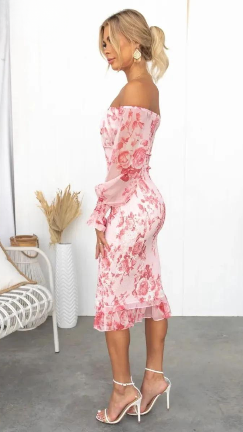 Robe Été Courte à Épaules Découvertes imprimée Fleurs Rose