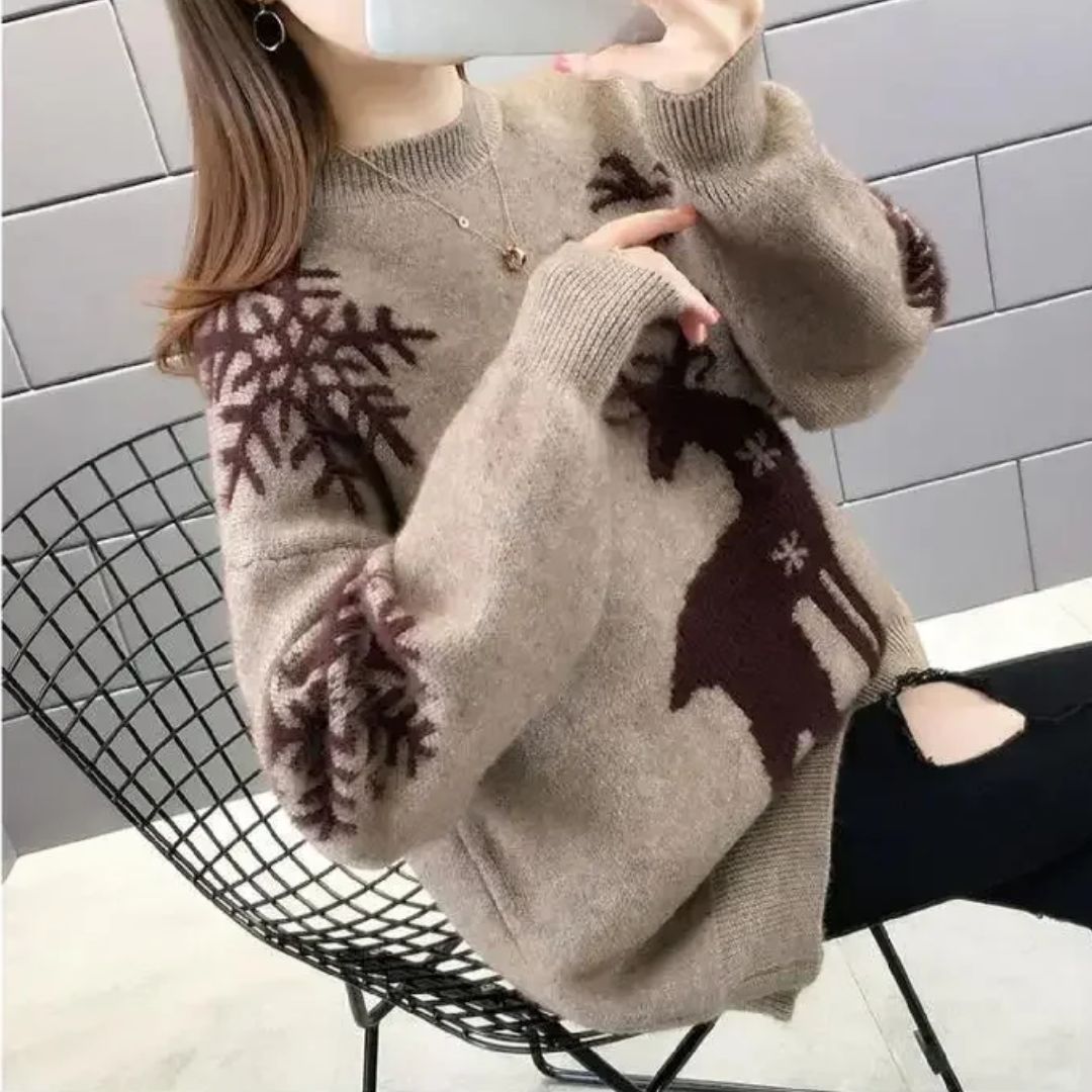 Pull Noël Femme Tricot avec Motif Renne