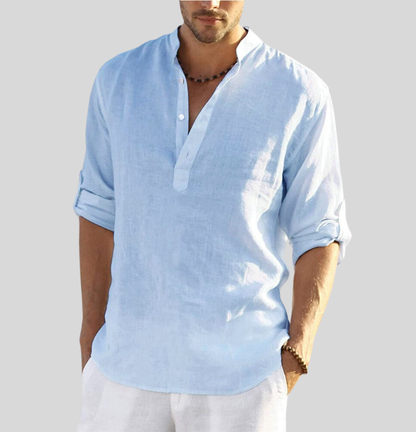 Chemise Homme Coton Lin Élégant Manches Longues
