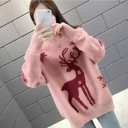 Pull Noël Femme Tricot avec Motif Renne
