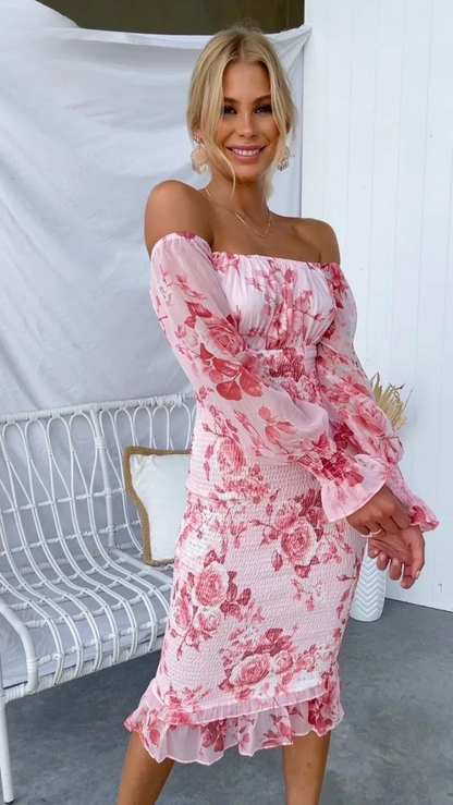 Robe Été Courte à Épaules Découvertes imprimée Fleurs Rose