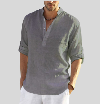 Chemise Homme Coton Lin Élégant Manches Longues