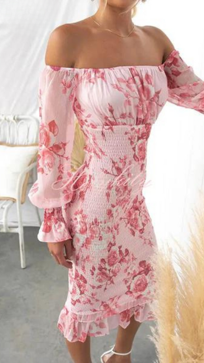 Robe Été Courte à Épaules Découvertes imprimée Fleurs Rose