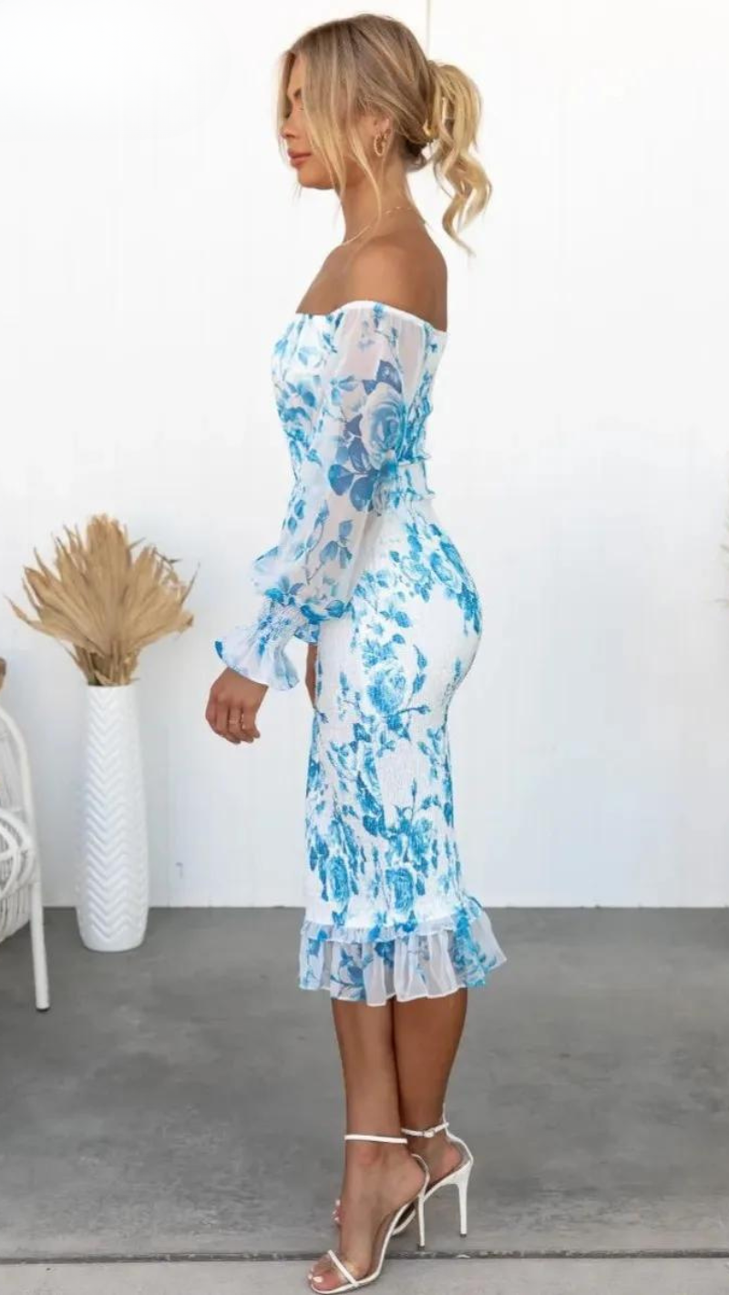 Robe Été Courte à Épaules Découvertes imprimée Fleurs Rose