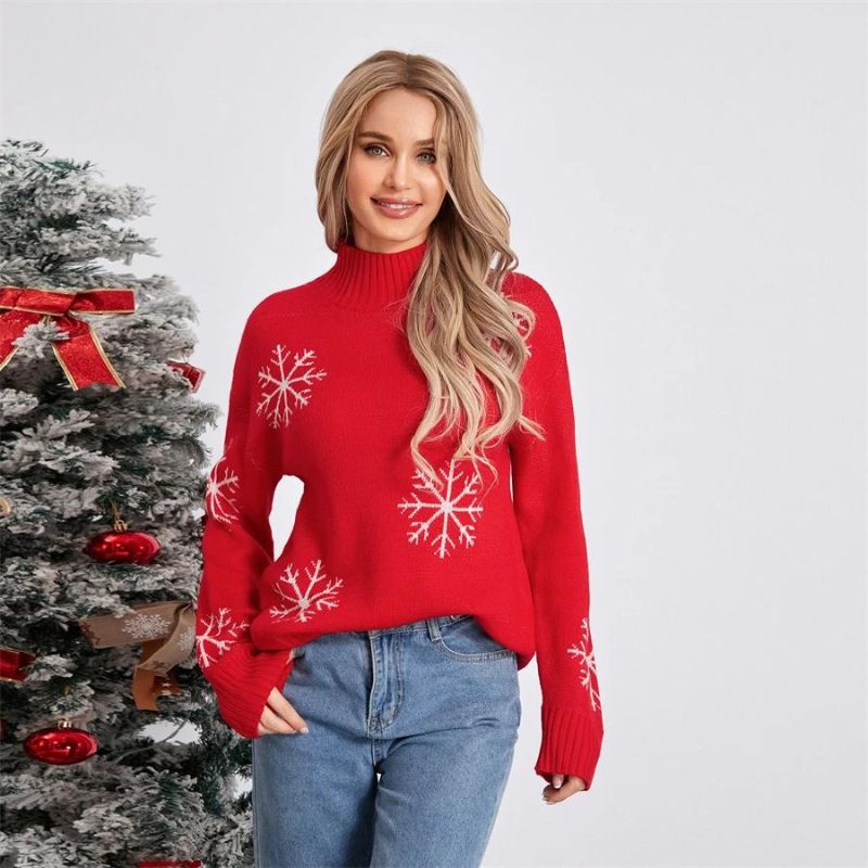 Pull Femme Rouge à Flocons Doux et Chaud Hiver