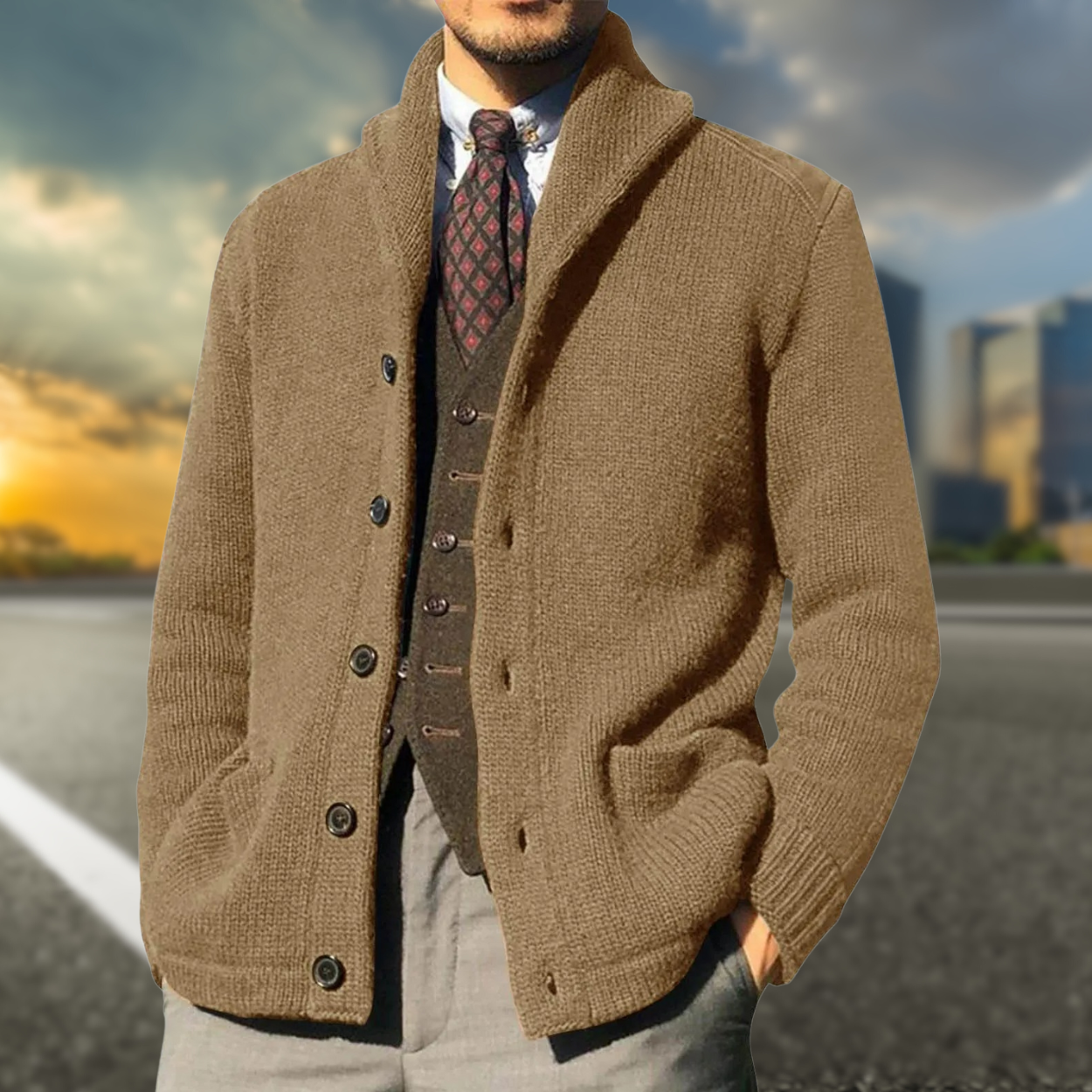 Cardigan Homme Hiver Chaud avec Poche et Manches Longues