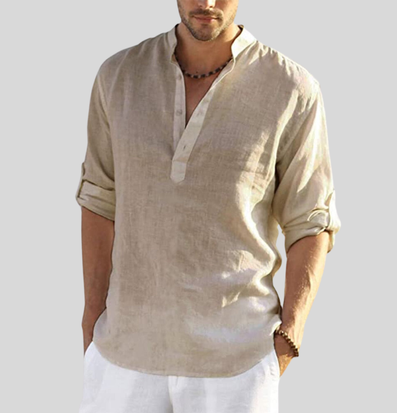 Chemise Homme Coton Lin Élégant Manches Longues