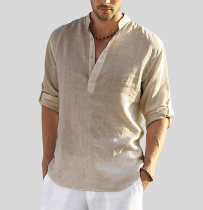 Chemise Homme Coton Lin Élégant Manches Longues