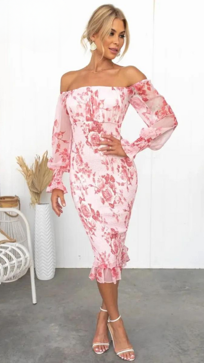 Robe Été Courte à Épaules Découvertes imprimée Fleurs Rose - BerlinGlamour