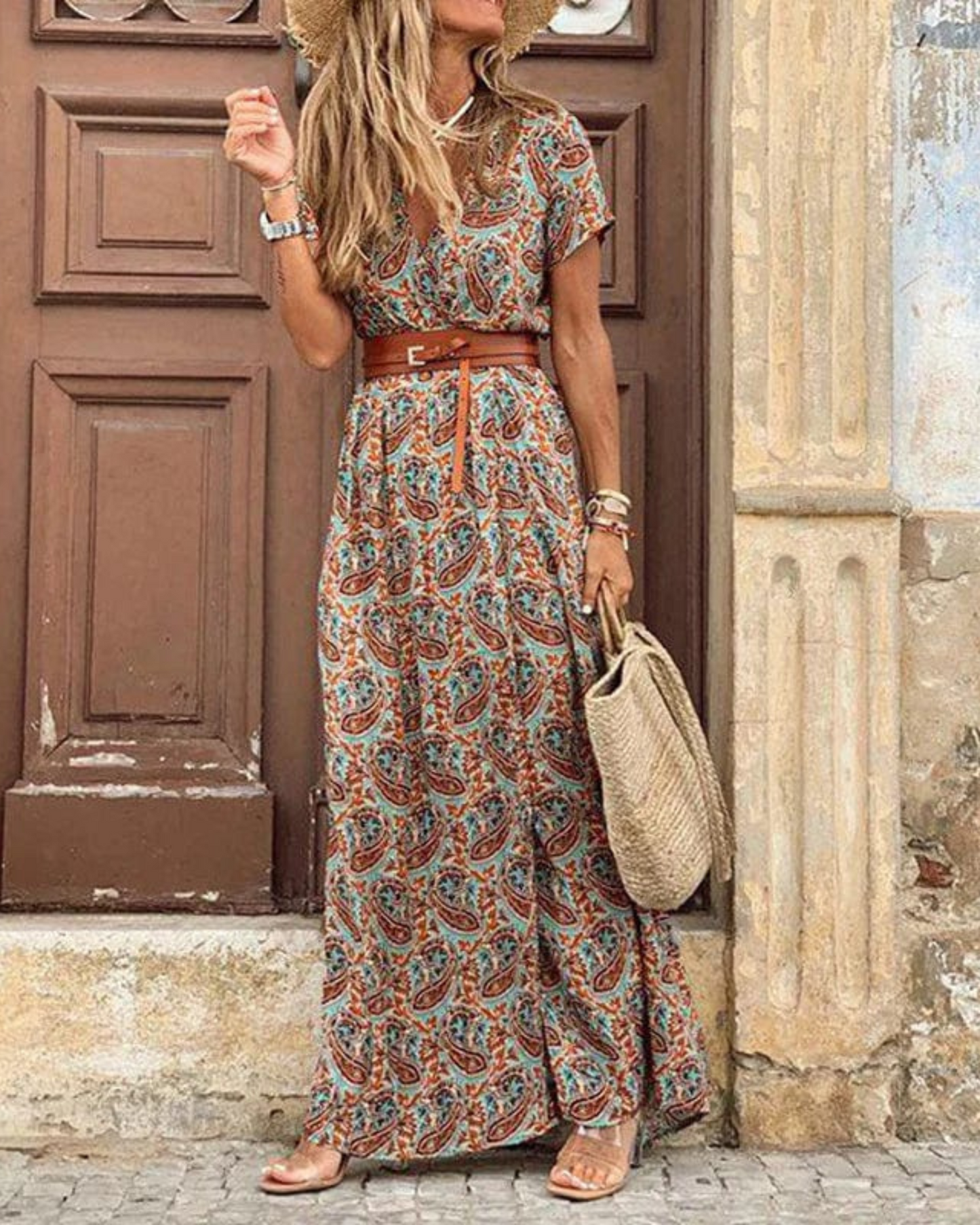 Robe Longue Été Femme avec Imprimé Floral et Col en V - PanierRoyale