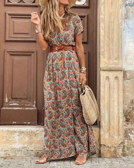 Robe Longue Été Femme avec Imprimé Floral et Col en V - PanierRoyale