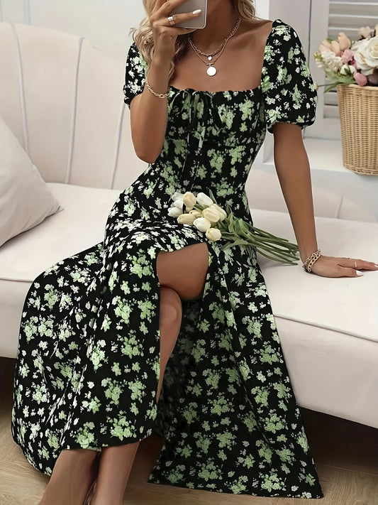 Valflora™ – Robe Longue Bohème Chic à Fleurs avec Fente Élégante