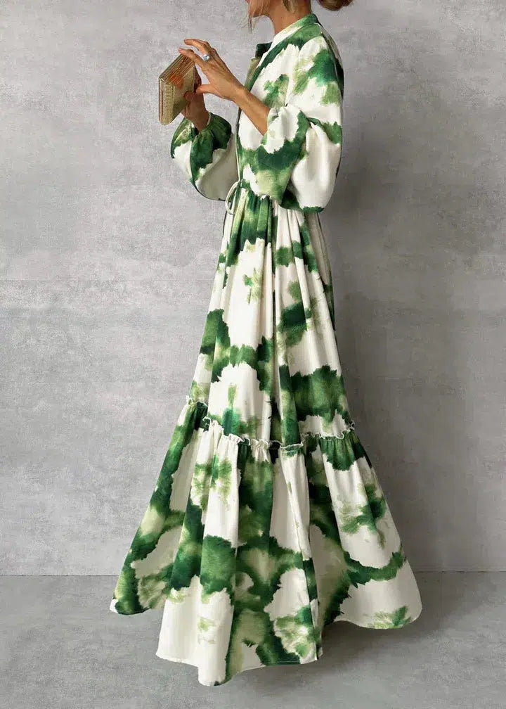 Robe Femme Longue Manches Élégante Vert Émeraude Décolleté Profond - PanierRoyale