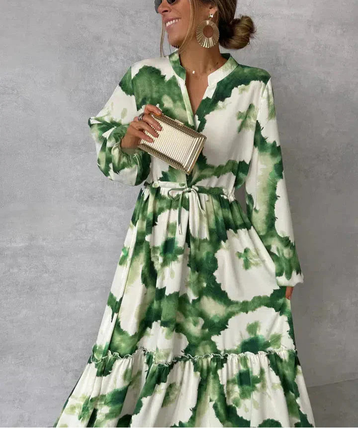 Robe Femme Longue Manches Élégante Vert Émeraude Décolleté Profond