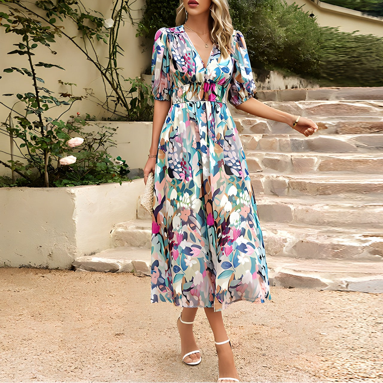 Robe Midi Femme Imprimée Col V Taille Empire Manches Courtes