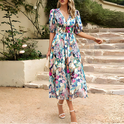 Robe Midi Femme Imprimée Col V Taille Empire Manches Courtes