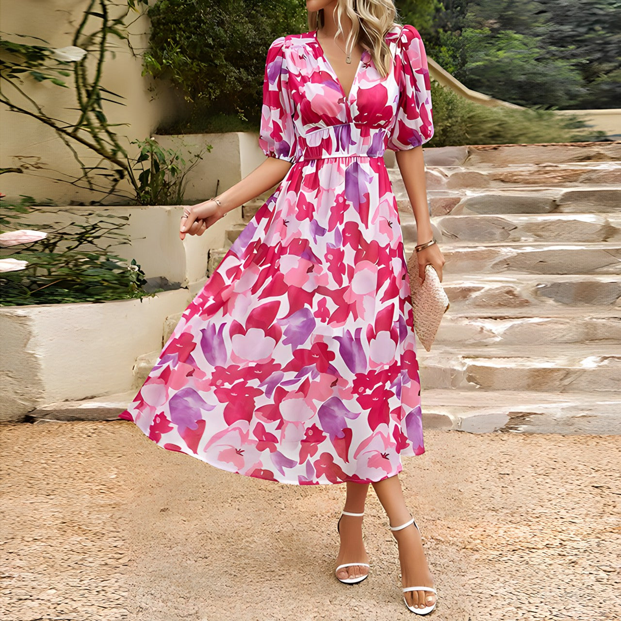 Robe Midi Femme Imprimée Col V Taille Empire Manches Courtes