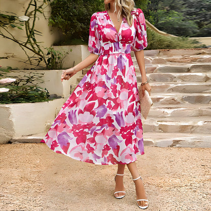 Robe Midi Femme Imprimée Col V Taille Empire Manches Courtes