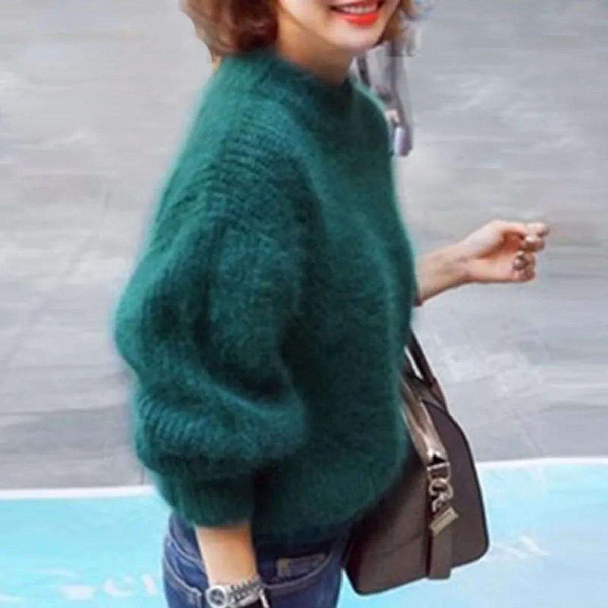 Pull Femme Doux Col Montant Manches Bouffantes