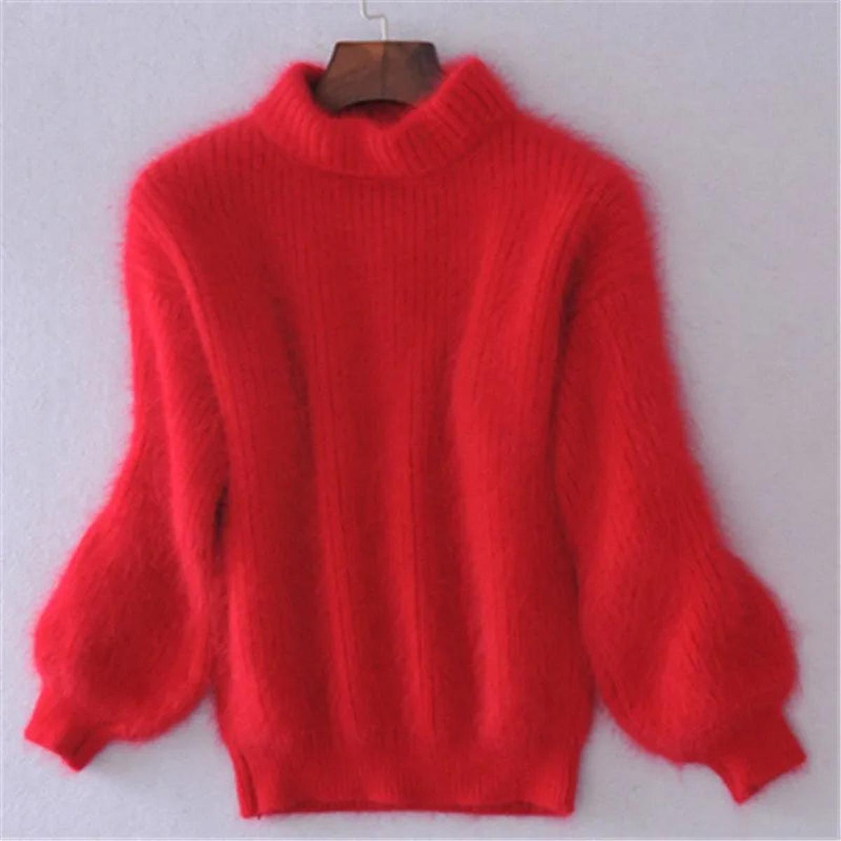 Pull Femme Doux Col Montant Manches Bouffantes