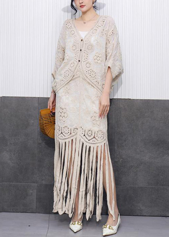 Chic Two Piece Beige Knit Skirt and Lace Cardigan Set - EasyApparels