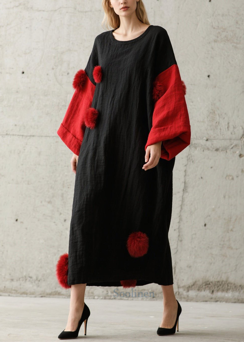 Robe noire épaisse en patchwork hivernale douce - EasyApparels