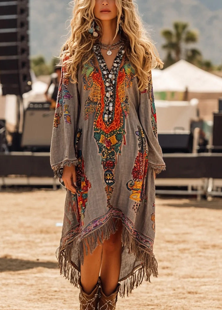 Robe décontractée grise détendue à col en V imprimée fleurs printemps - EasyApparels