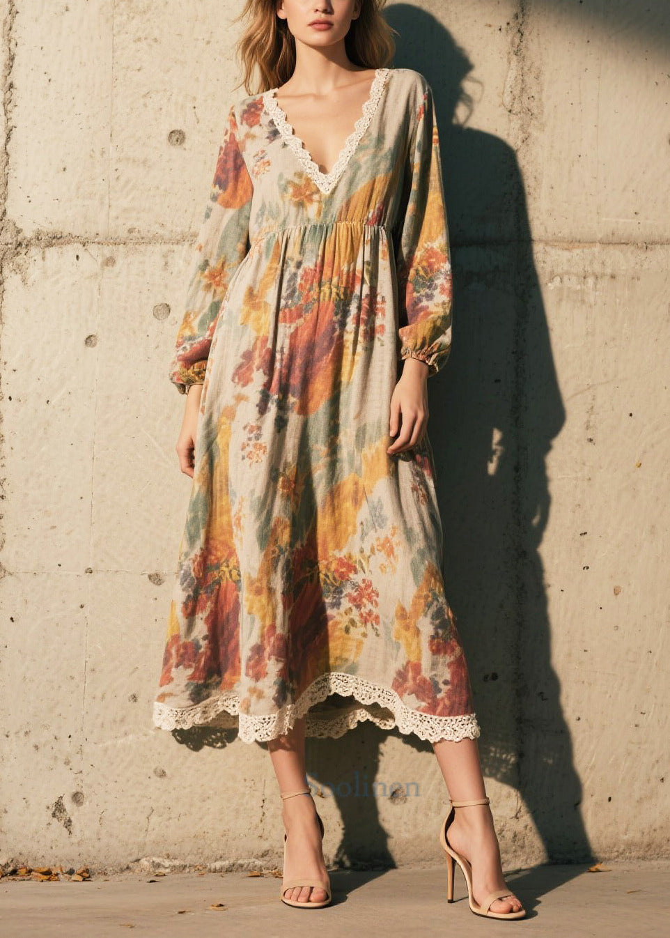 Robe longue en coton imprimé fleuri avec dentelle pour femme - EasyApparels