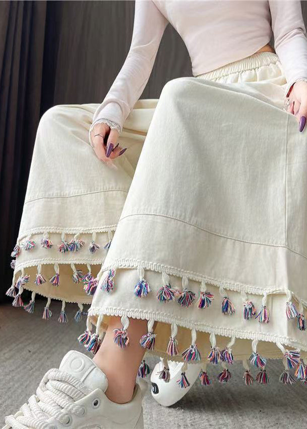 Pantalon court décontracté coton blanc éclair avec franges automne - EasyApparels