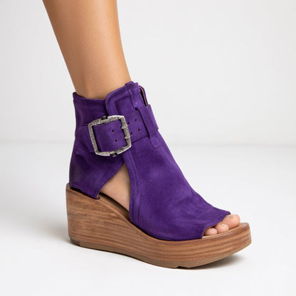 Sandales Compensées Femme Daim Bout Ouvert Boucle Métal Semelle Bois - PanierRoyale