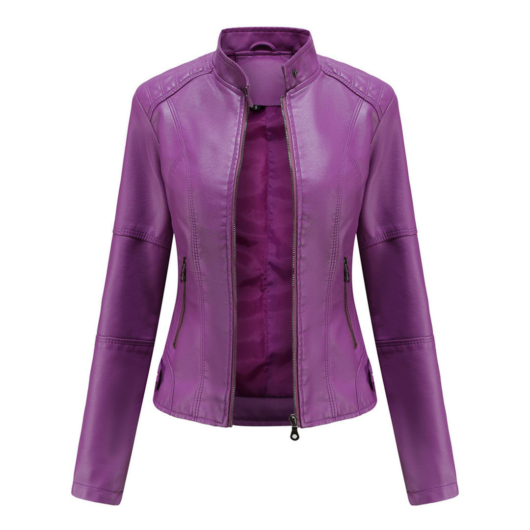 Blouson Cuir Femelle Noir Élégant avec Fermeture Éclair
