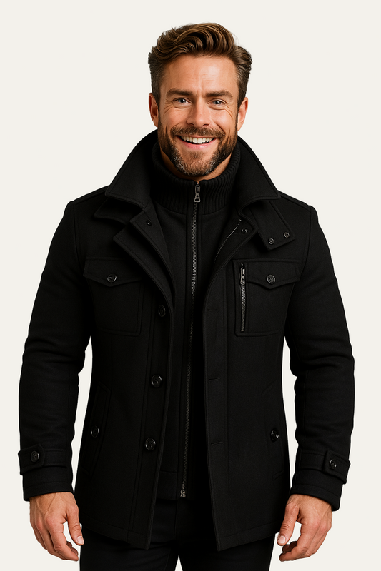 Caban Homme Court en Laine Mélange avec Fermeture Éclair Intérieure - PanierRoyale