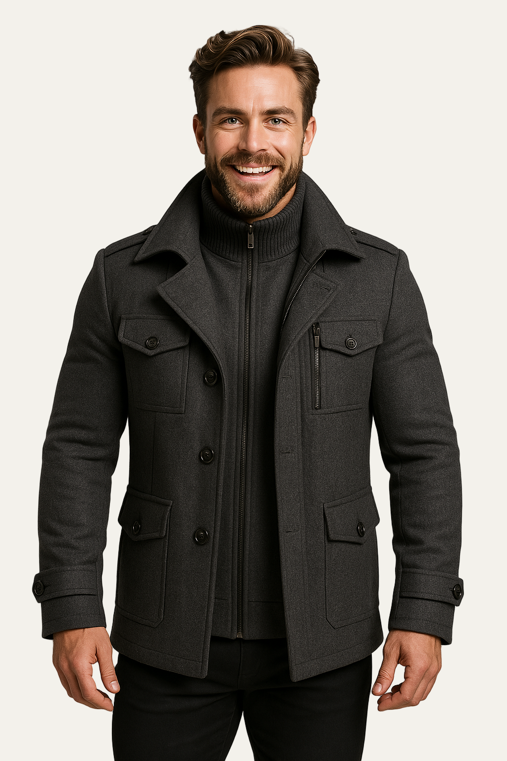 Caban Homme Court en Laine Mélange avec Fermeture Éclair Intérieure