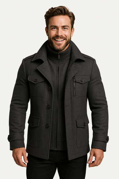 Caban Homme Court en Laine Mélange avec Fermeture Éclair Intérieure
