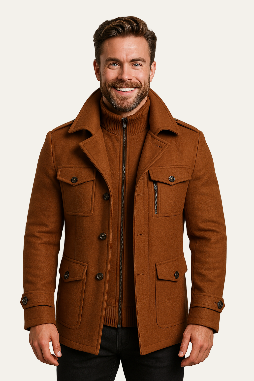 Caban Homme Court en Laine Mélange avec Fermeture Éclair Intérieure