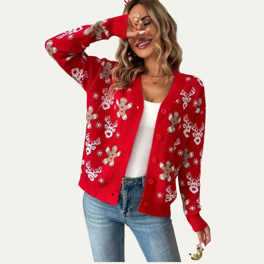 VogeLuxe | Gilet boutonné en maille à motif pain d'épice pour femme 0