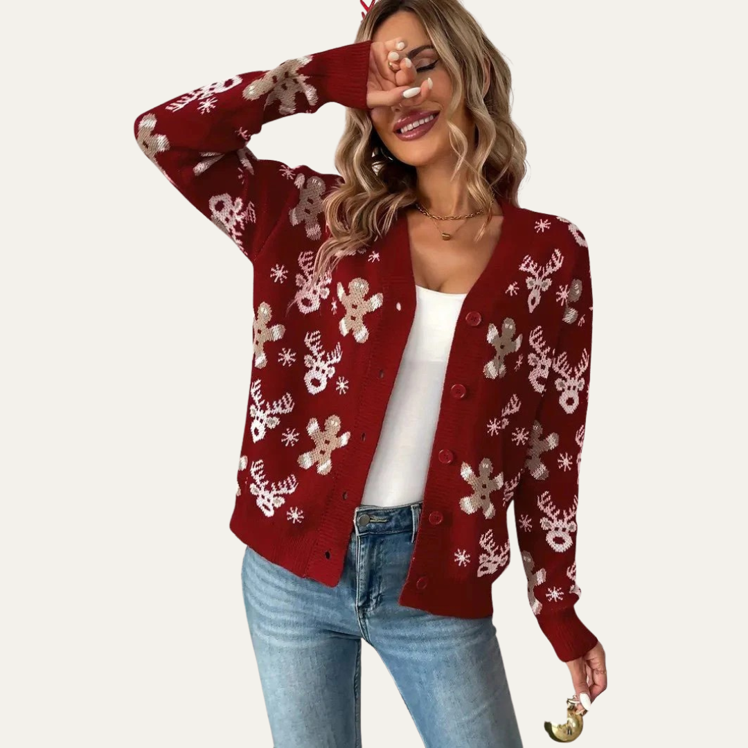 VogeLuxe | Gilet boutonné en maille à motif pain d'épice pour femme 2