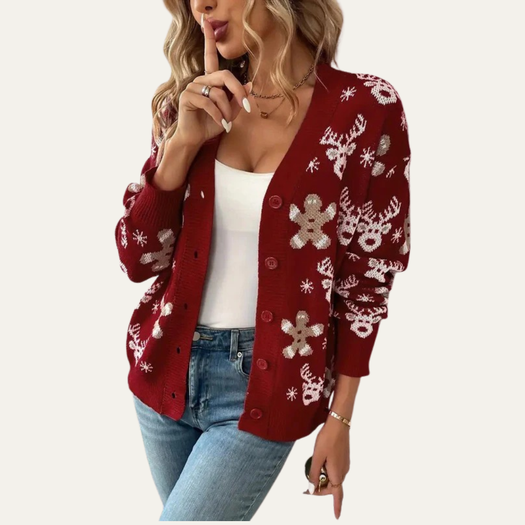 VogeLuxe | Gilet boutonné en maille à motif pain d'épice pour femme 4