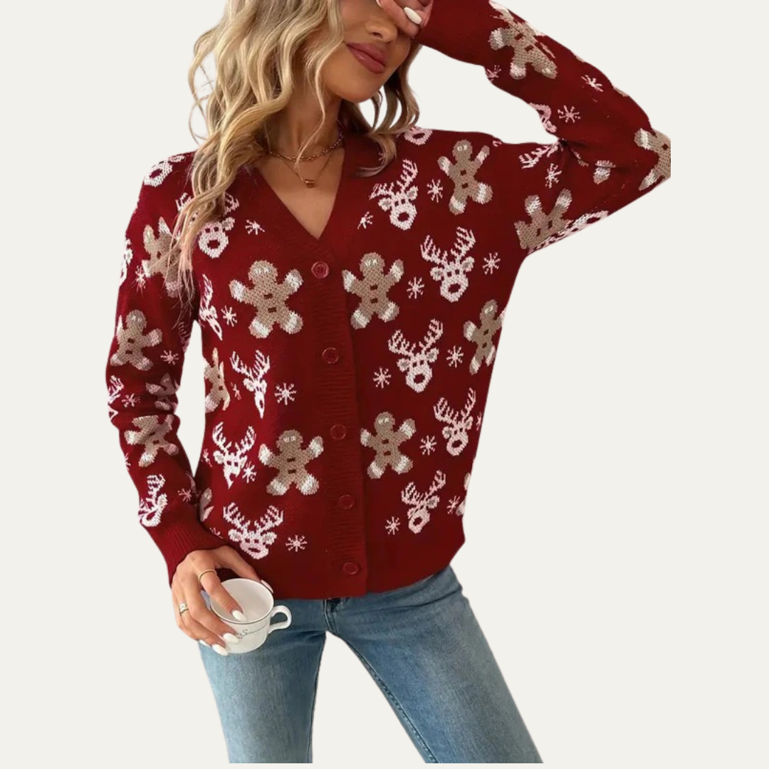 VogeLuxe | Gilet boutonné en maille à motif pain d'épice pour femme 5