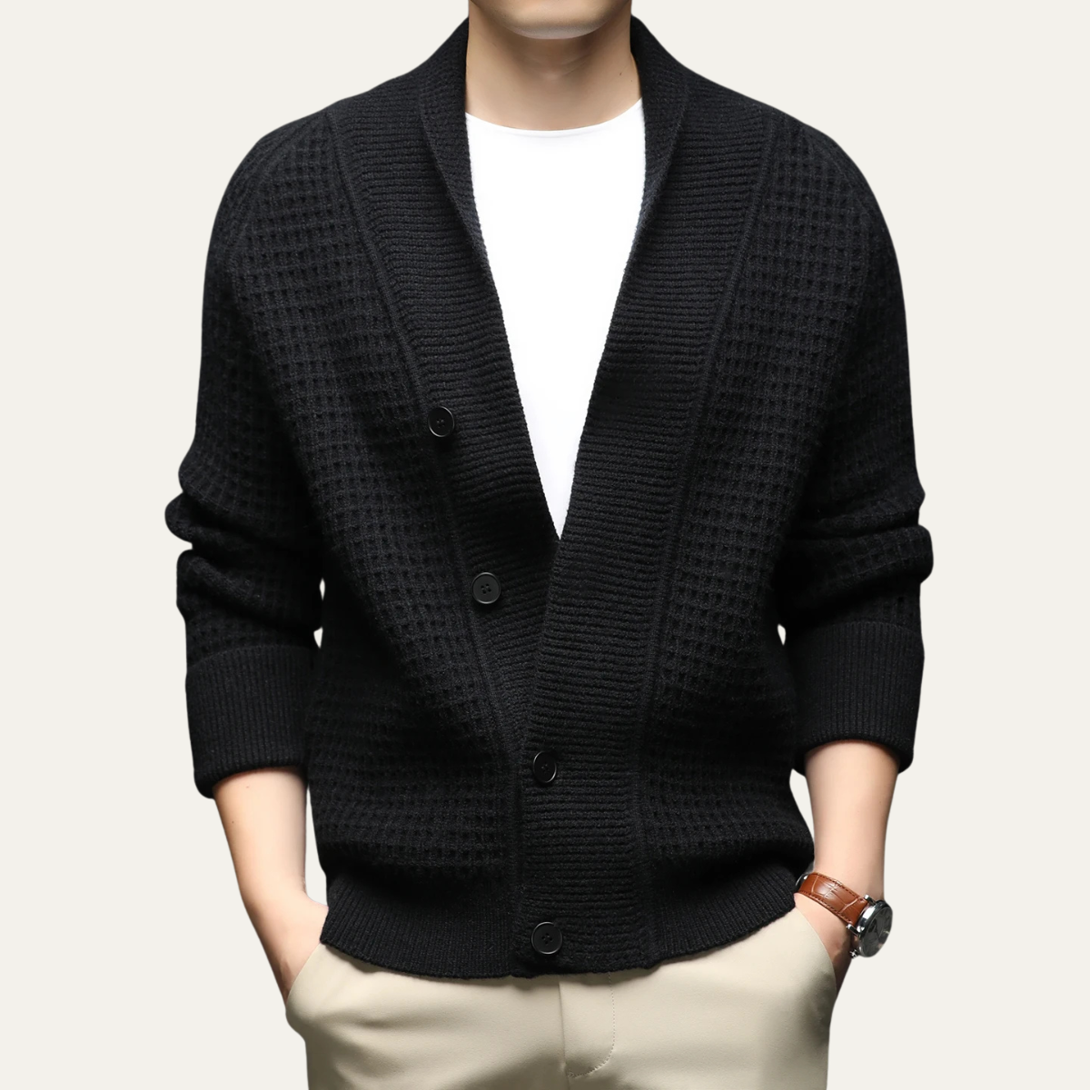 VogeLuxe | Gilet cardigan homme à col châle en maille texturée 3