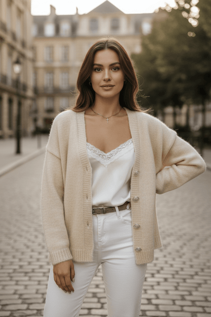VogeLuxe | Gilet oversize à boutons en maille duveteuse pour femme 5