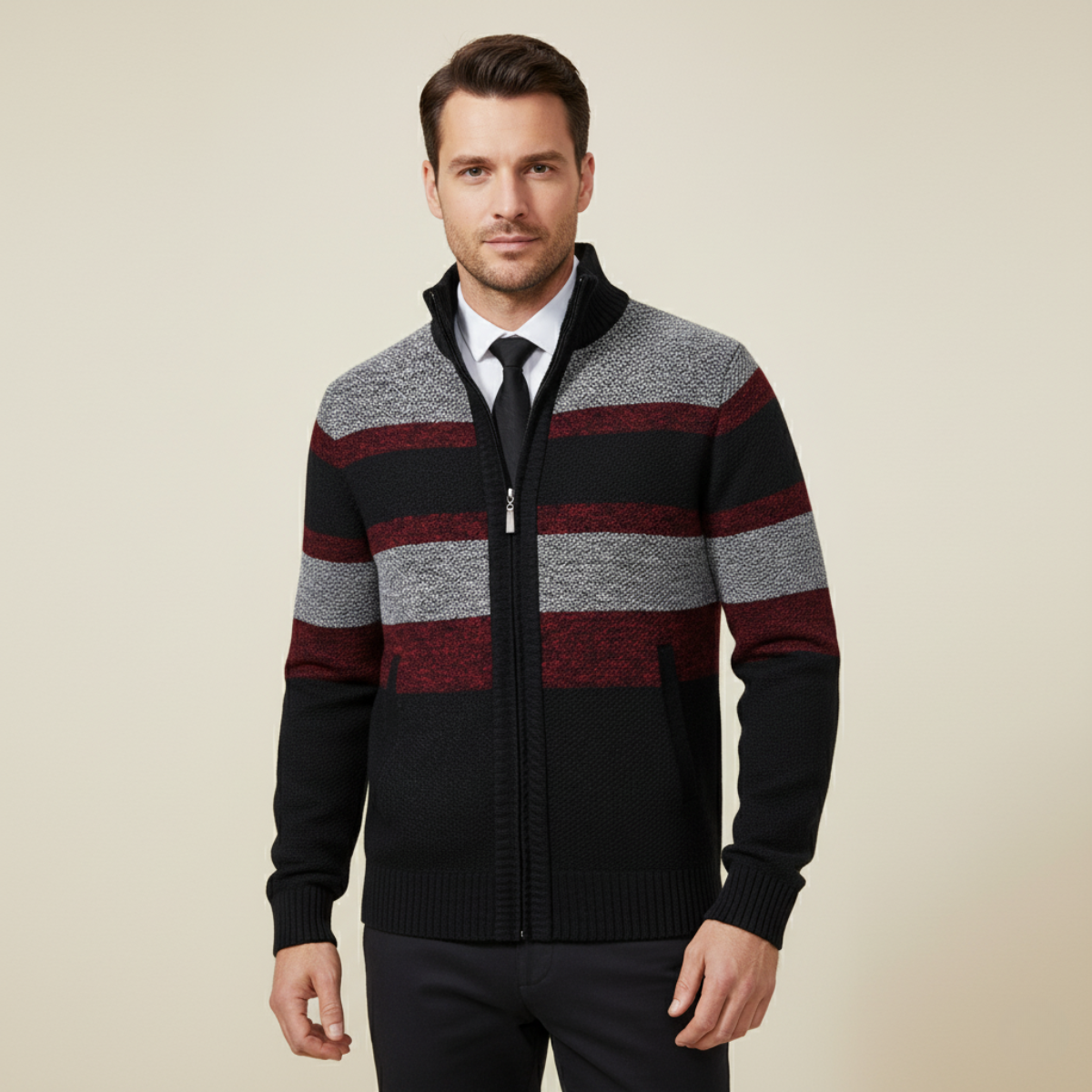 VogeLuxe | Gilet zippé rayé trois couleurs pour homme 1