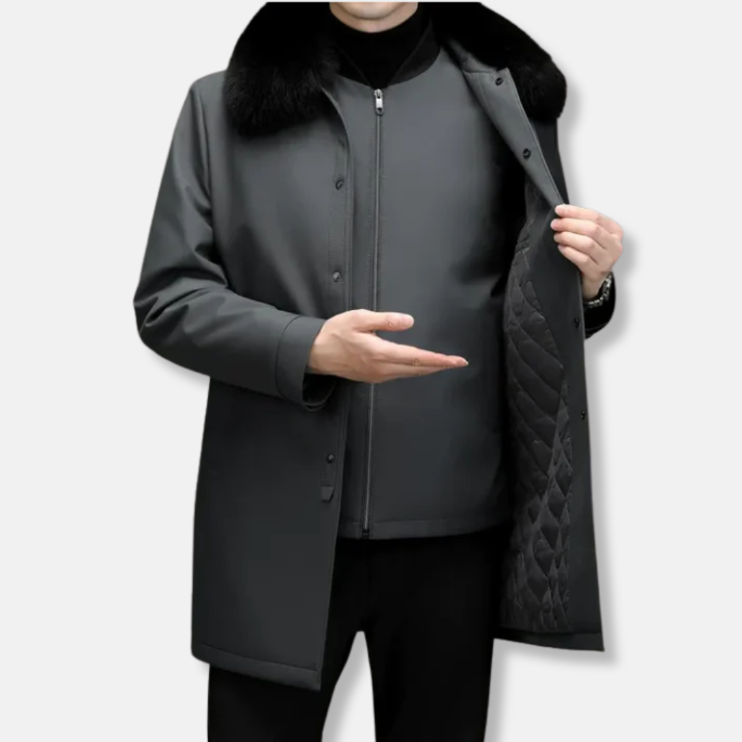 VogeLuxe | Manteau de voiture zippé pour homme avec bordure en fausse fourrure 1