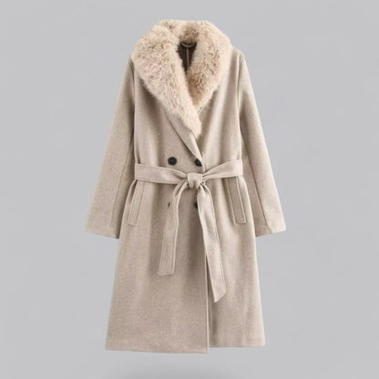 VogeLuxe | Manteau long ceinturé pour femme avec col en fausse fourrure 0