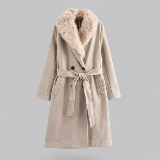VogeLuxe | Manteau long ceinturé pour femme avec col en fausse fourrure 0