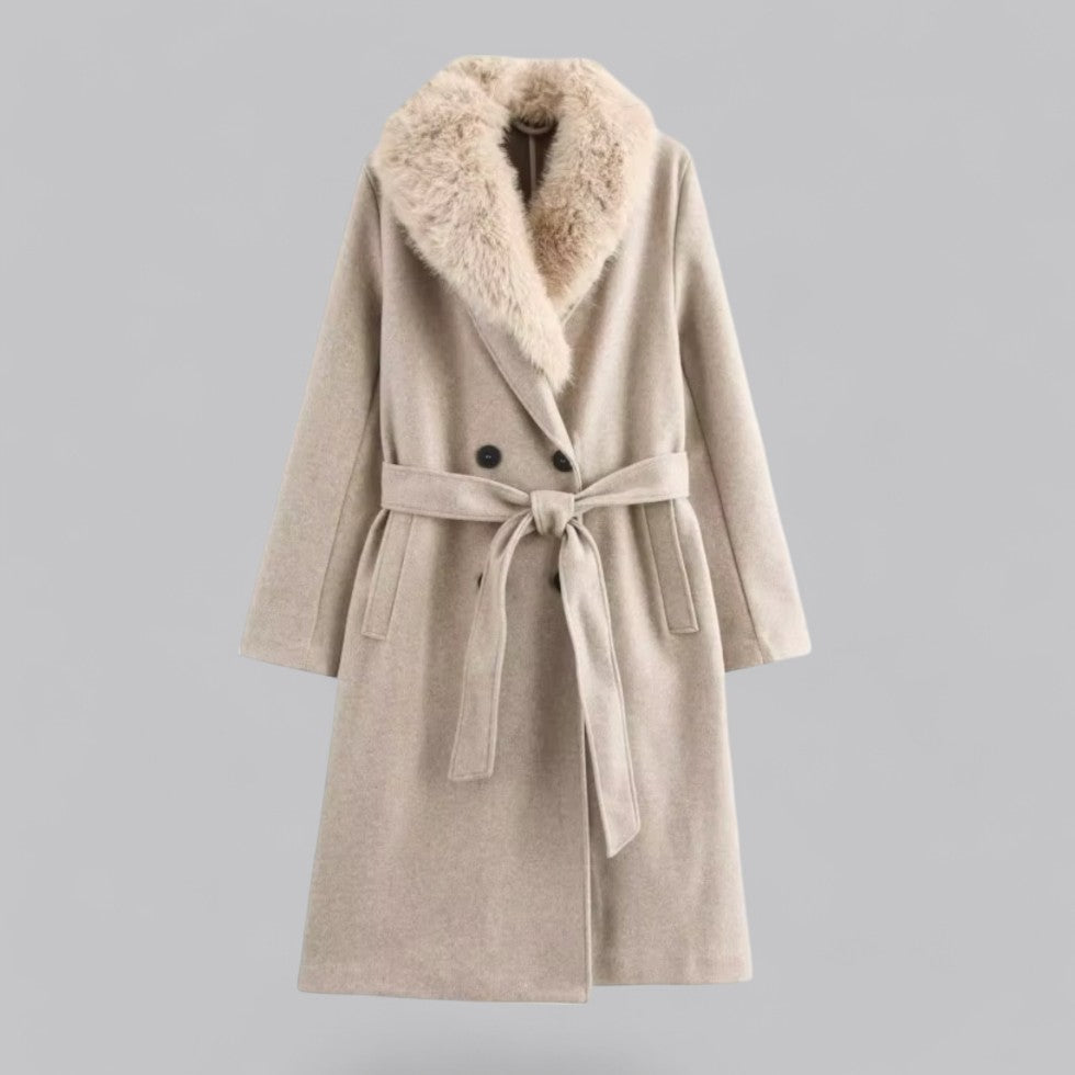 Manteau Femme Long à Ceinture avec Col en Fourrure Synthétique - PanierRoyale