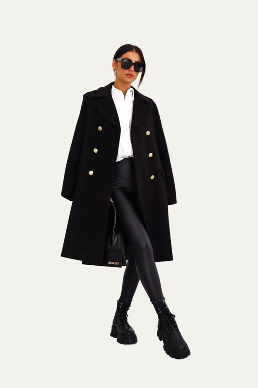 Manteau Femme Long Élégant à Boutons en Métal Doré - PanierRoyale