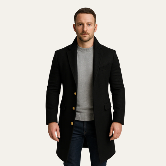 Manteau Homme Mi-Long Noir avec Boutons Dorés Élégant - PanierRoyale