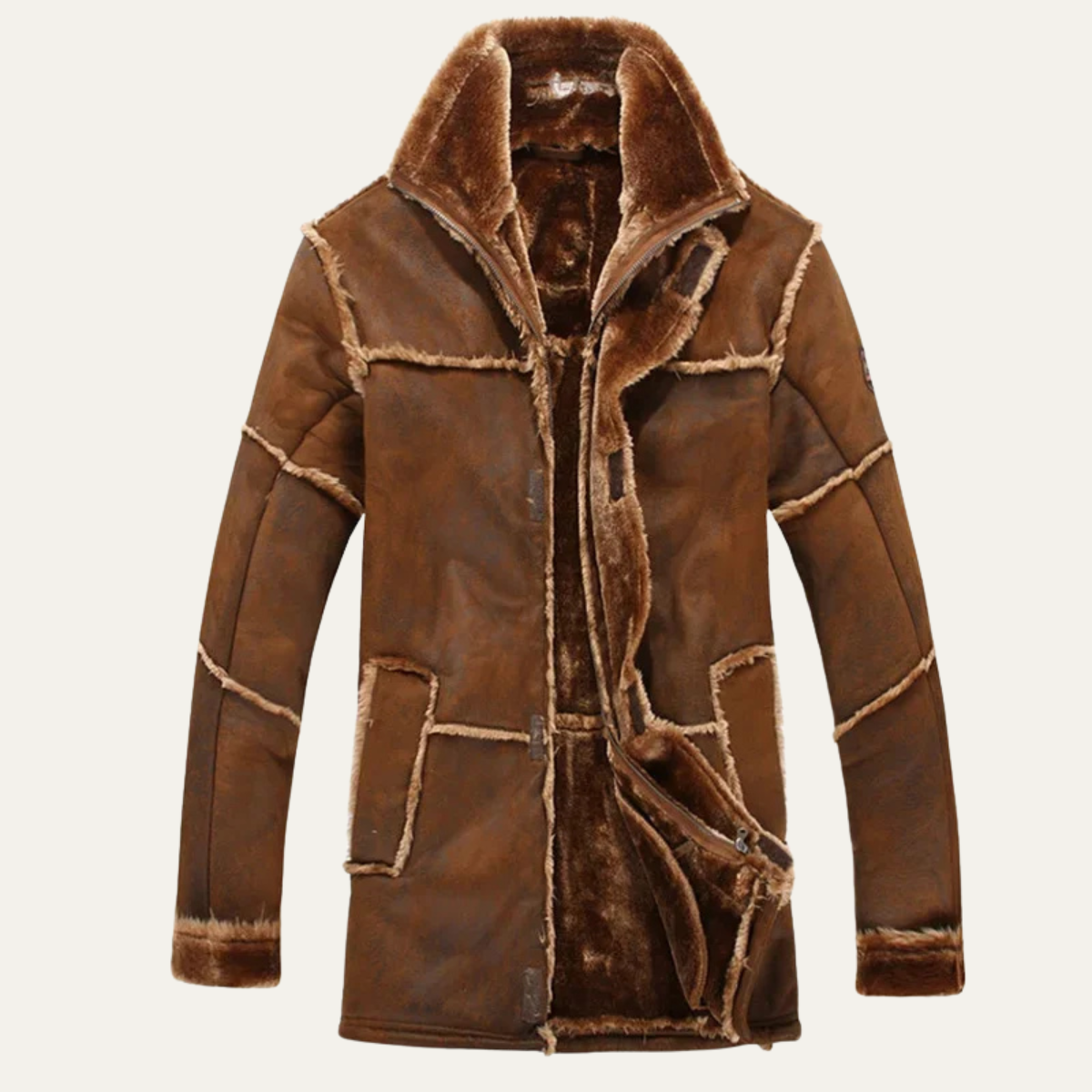 VogeLuxe | Manteau zippé en cuir à bordure en peau lainée pour homme 6