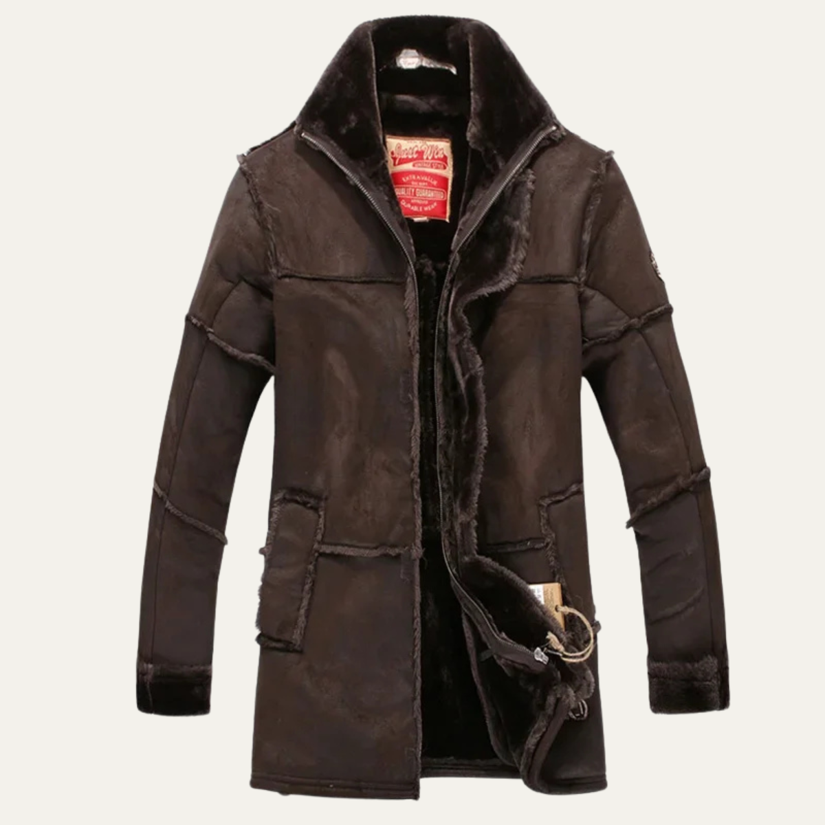 VogeLuxe | Manteau zippé en cuir à bordure en peau lainée pour homme 7